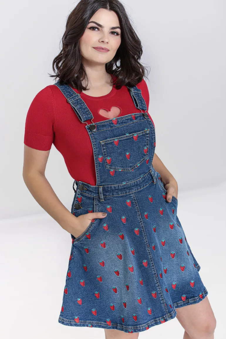 Strawberry Denim Pinafore Dress>Hell Bunny Best Sale